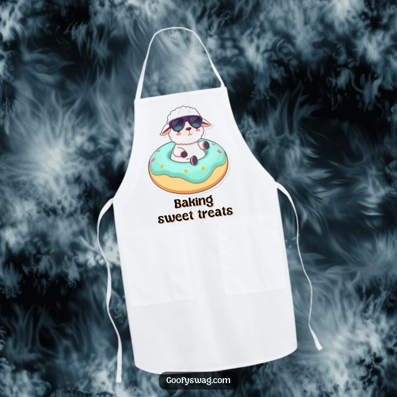 Funny apron featuring a fluffy sheep in sunglasses lounging on a giant donut float, adding a humorous and relaxed touch to cooking.