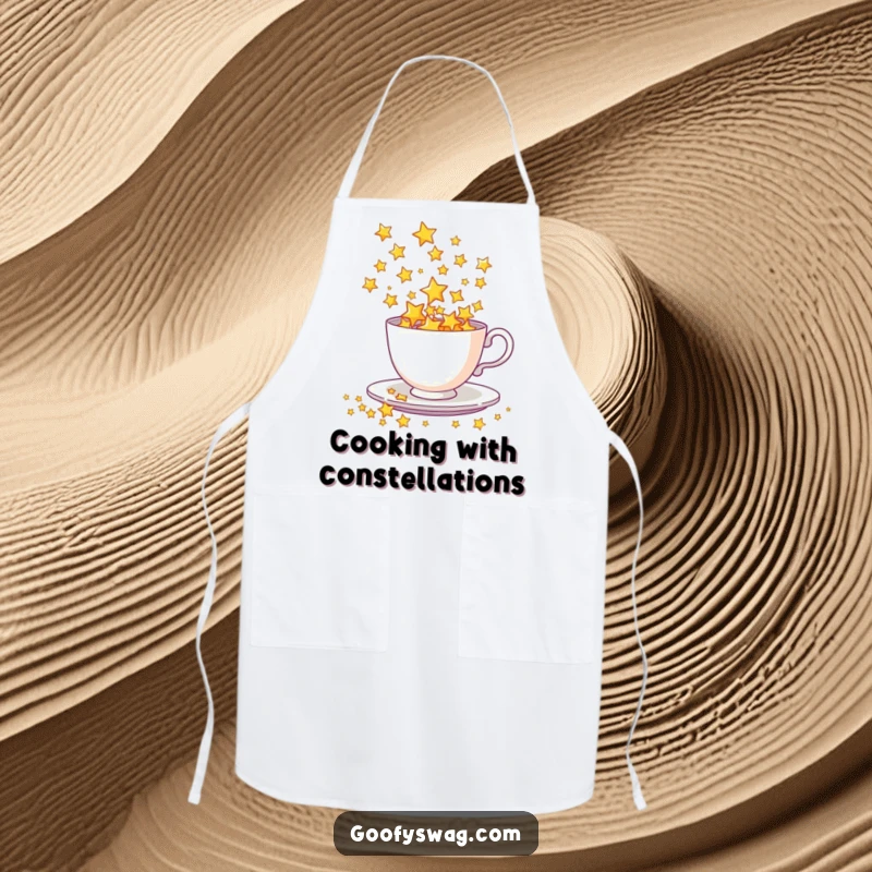 Funny Apron showing a teacup spilling a dazzling cascade of stars, perfect for a celestial-themed kitchen or baking experience.