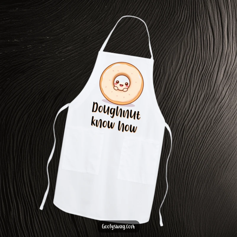 Funny doughnut apron with a curious doughnut peeking from a larger one, practical and humorous kitchen attire.