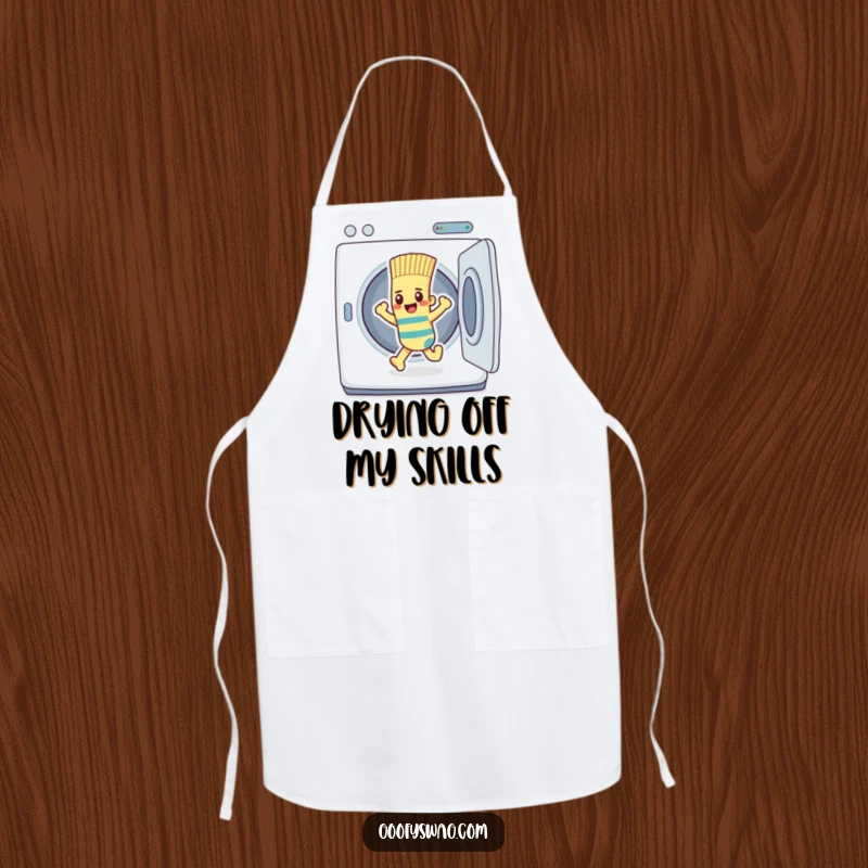 Funny determined sock character escaping a dryer, featured on a humorous kitchen apron.