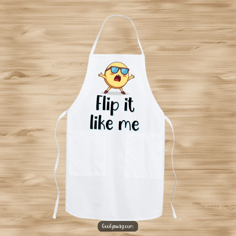 Funny Pancake Apron featuring a surprised pancake in sunglasses breakdancing, adding humor to cooking duties.