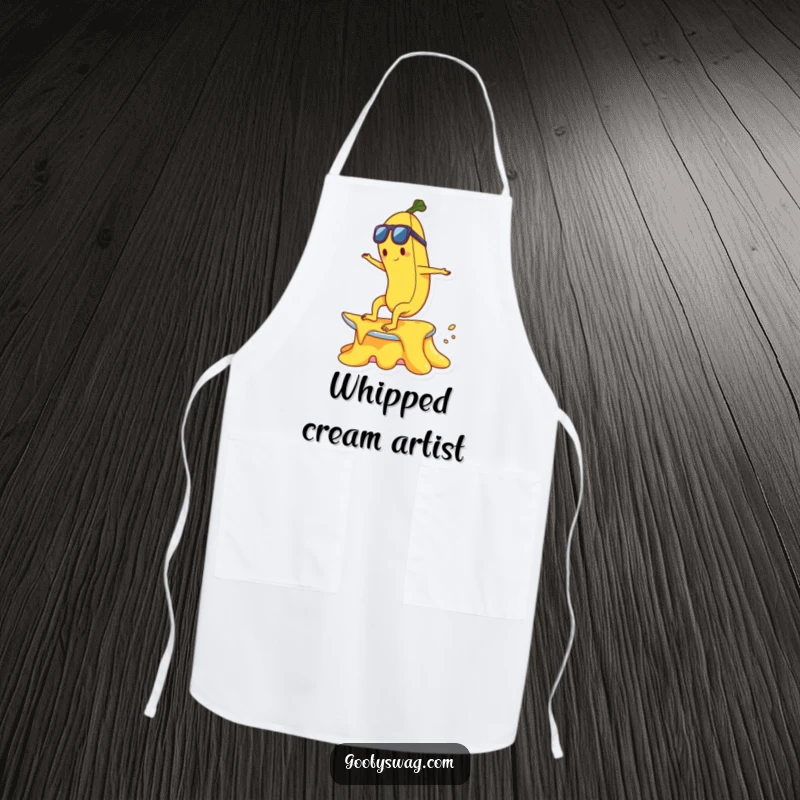 Funny happy banana character surfing on a melting ice cream cone on a durable kitchen apron.