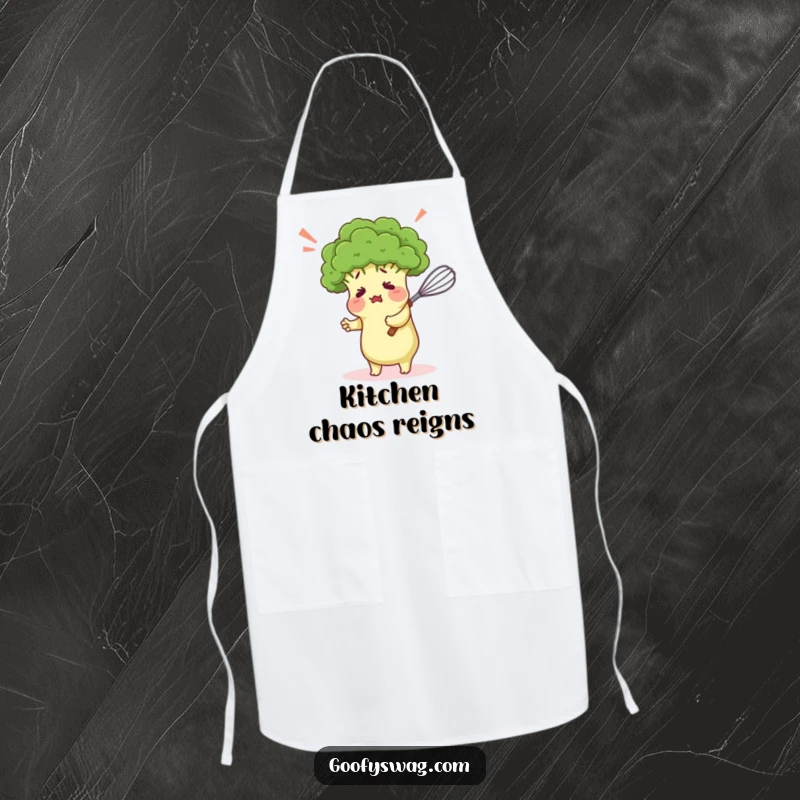 Funny apron displaying a confused broccoli floret comically hugging a kitchen whisk, a humorous and practical choice for cooks.