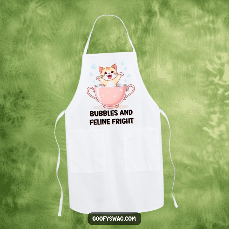 Funny startled cat leaping from a giant bubbly teacup, a practical and humorous apron for culinary adventures.