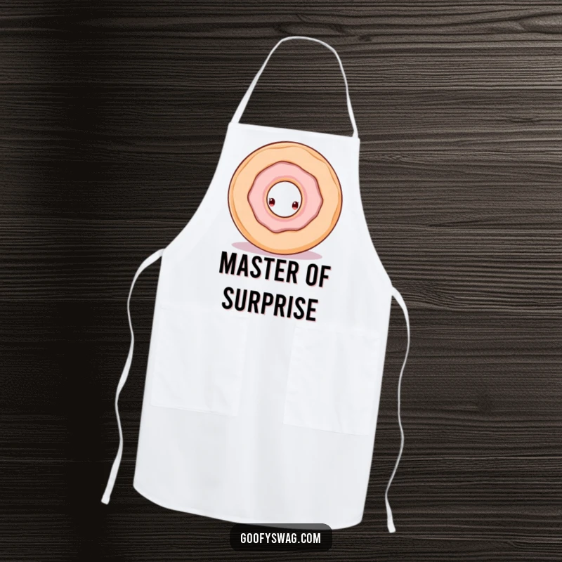 Funny apron showing a doughnut character peeking from the hole of a larger doughnut, ideal for a humorous cooking experience.