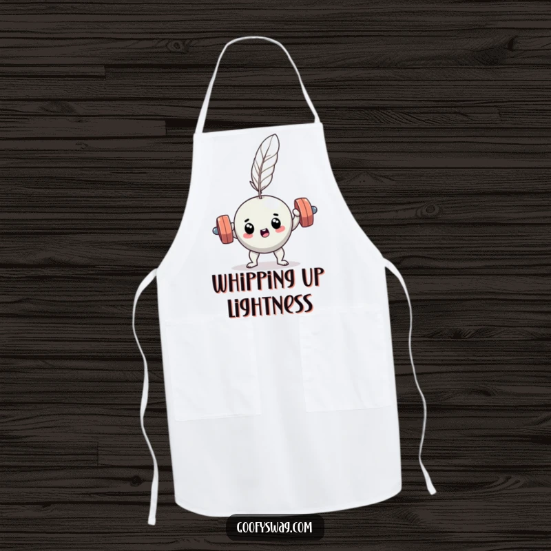 Funny determined dumbbell feather lift apron, a comical chef embodying workout spirit, perfect for the kitchen.