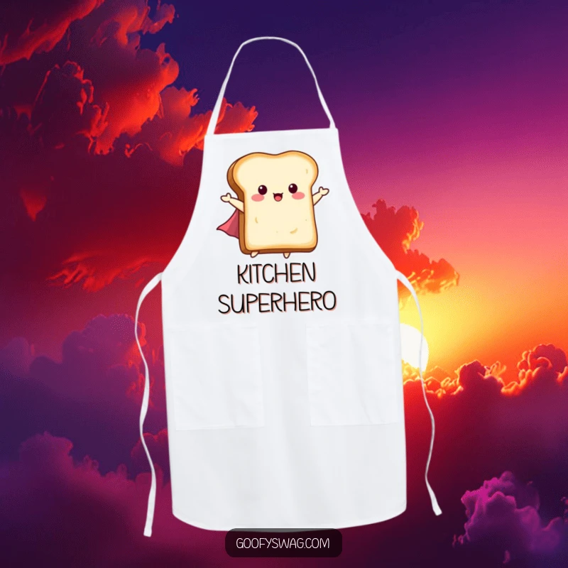 Funny Flying Toast Apron: A slice of toast with a tiny cape flying, bringing heroic and funny vibes to cooking.