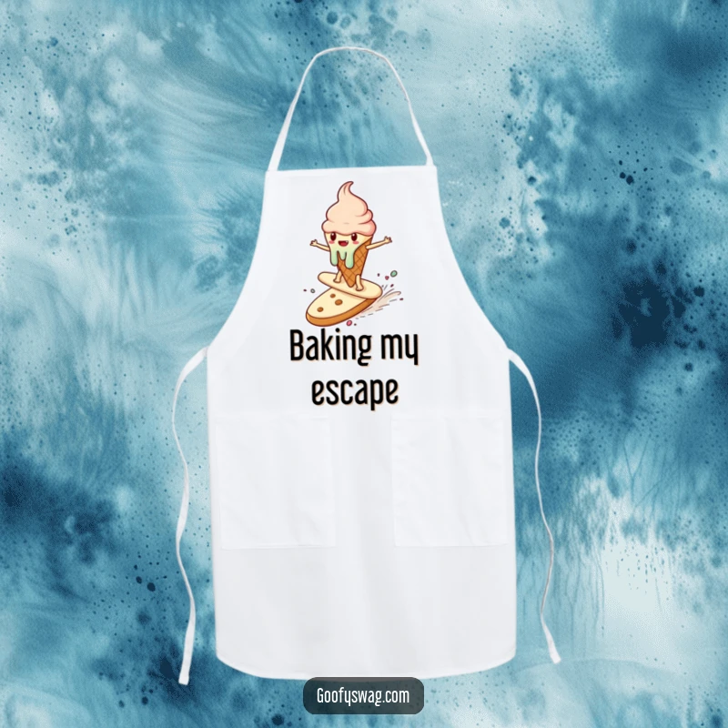 Funny apron designed with a melting ice cream cone surfing a runaway cookie, a humorous and practical kitchen accessory.