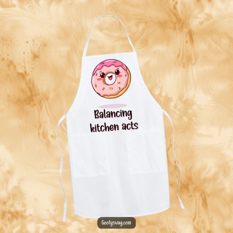 Funny apron depicting a wobbly jelly doughnut balancing on a single bite, ideal for kitchen fun and baking.