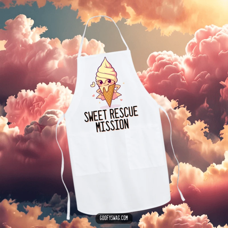 Funny Ice Cream Apron: A functional apron with a melting ice cream cone striking a superhero pose, bringing heroic fun to cooking.