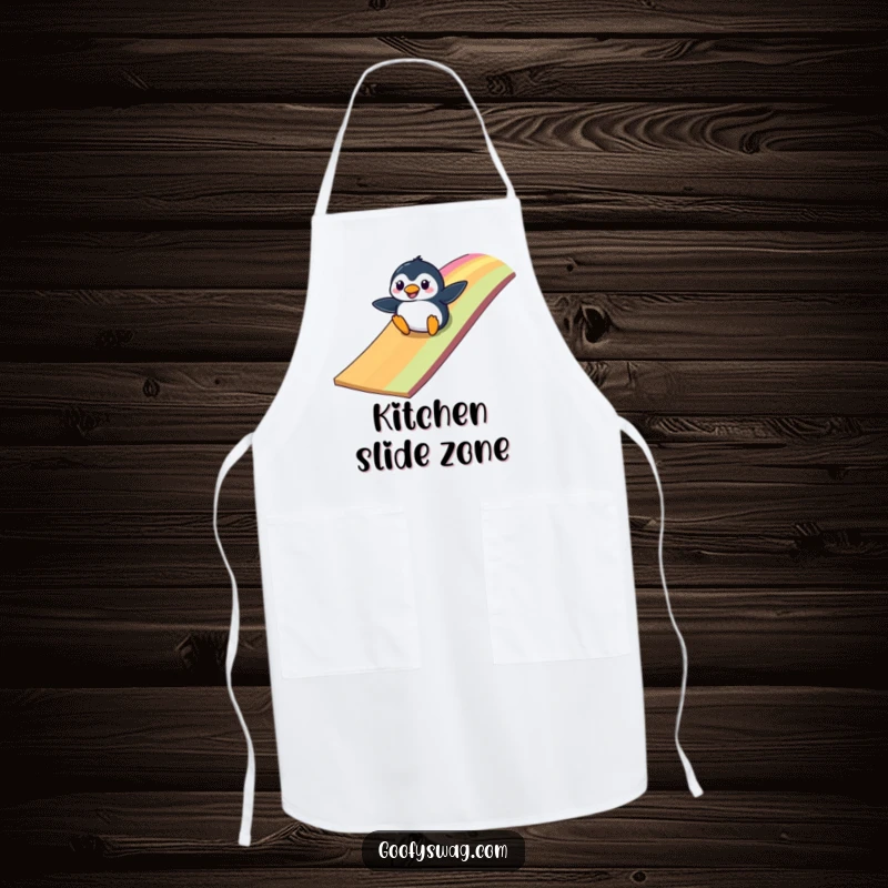 Funny clumsy penguin sliding down a vibrant rainbow ramp, a practical and humorous apron for kitchen fun.
