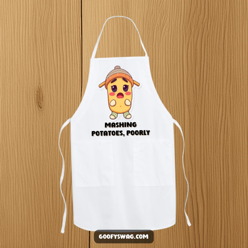 Funny Apron depicting a surprised potato wearing a propeller beanie and mismatched socks, ready for kitchen adventures.