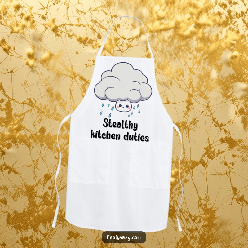 Funny shy rain drop character peeking from behind a cloud on a durable kitchen apron for cooking.