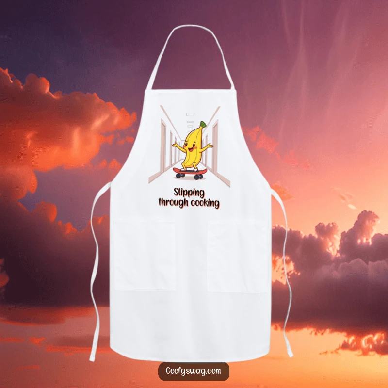 Funny apron designed with a delighted banana peel skateboarding down a hallway, a humorous and practical kitchen accessory.