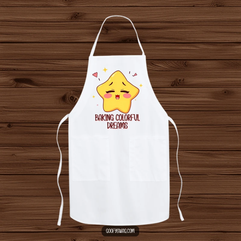 Funny sleepy star character yawning rainbows while trying to blink, featured on a humorous kitchen apron.