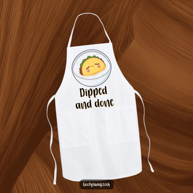 Funny apron featuring a sleepy taco floating serenely in milk, humorous kitchen essential for calm cooks.
