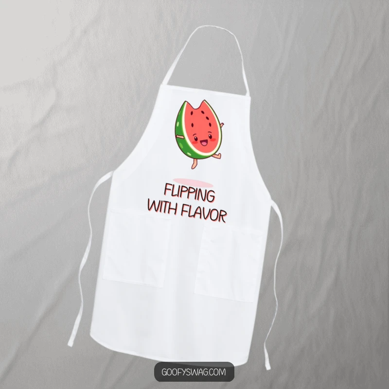 Funny watermelon slice apron, performing a backflip with great enthusiasm. A humorous and protective kitchen accessory for summer cooking.