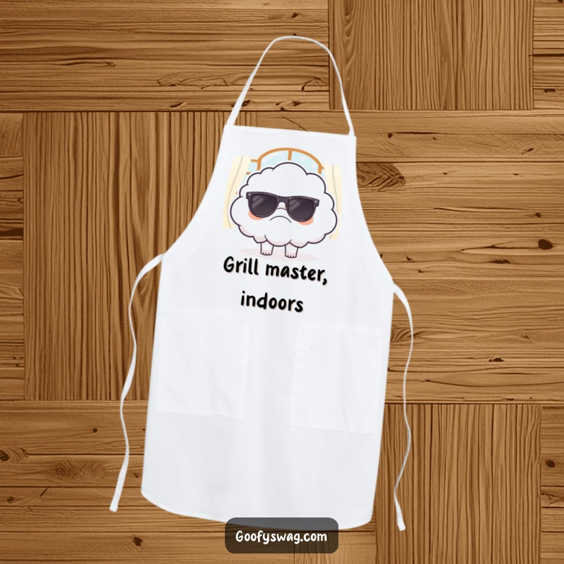 Funny apron showing a grumpy cloud attempting to wear sunglasses indoors, perfect for protecting clothes with a humorous and sarcastic theme.