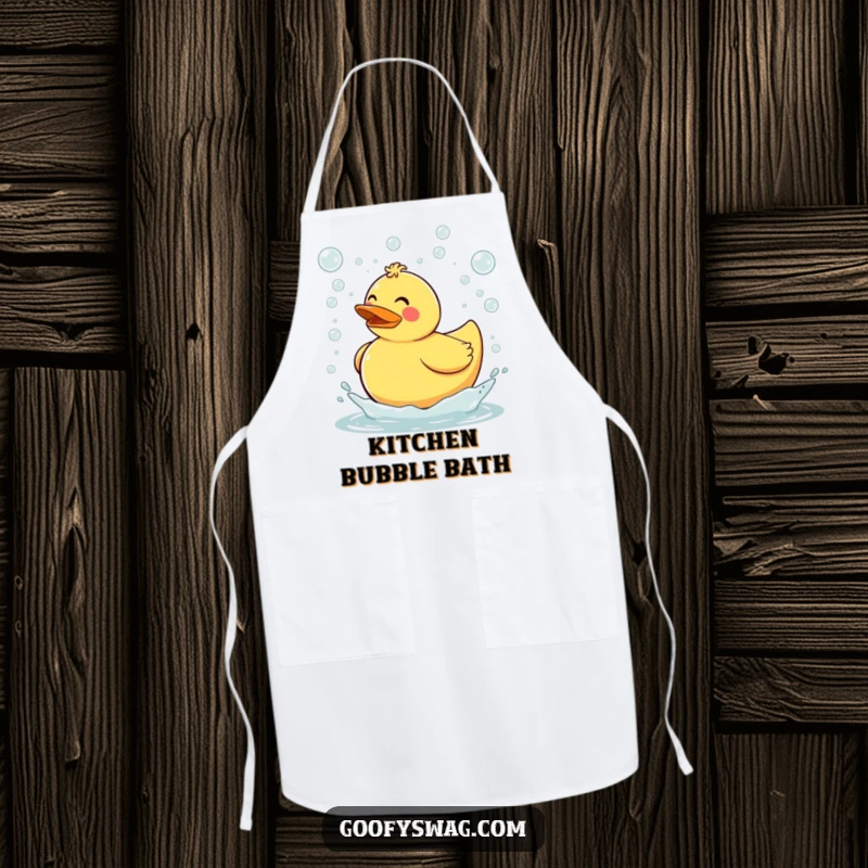 Funny clumsy rubber duck tripping and sending bubbles flying everywhere, a humorous apron design for kitchen fun and embracing a little playful mess.