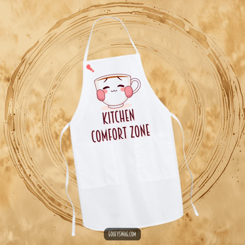Funny apron designed with a confused teacup wearing socks on its handles, a humorous and practical kitchen accessory.