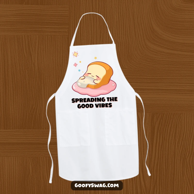 Funny apron featuring a sleepy bread loaf character dreaming of floating in jelly, perfect for kitchen fun and protecting clothes humorously.