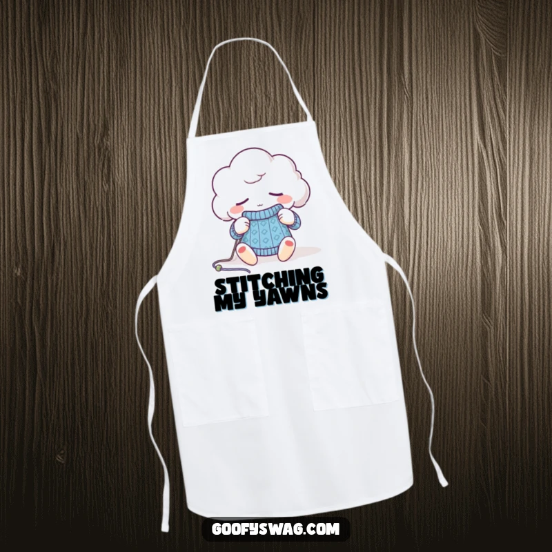 Funny sleepy cloud knitting apron, a cozy character focused on a small project, perfect for kitchen or craft room.
