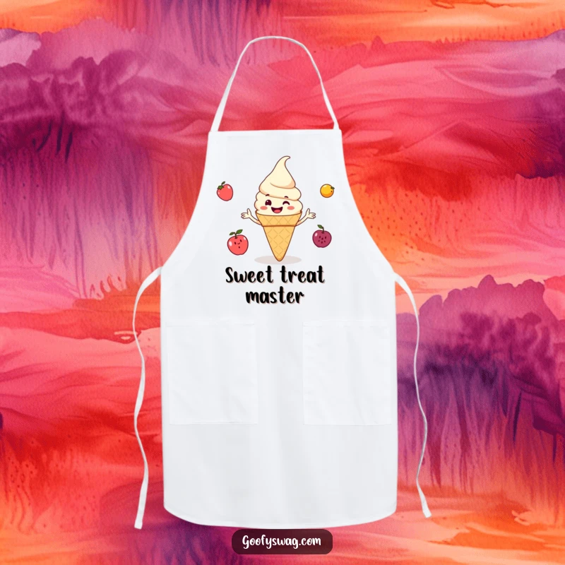 Funny ice cream cone grinning and juggling small fruits, a humorous apron design for bakers and cooks who enjoy a playful kitchen experience.