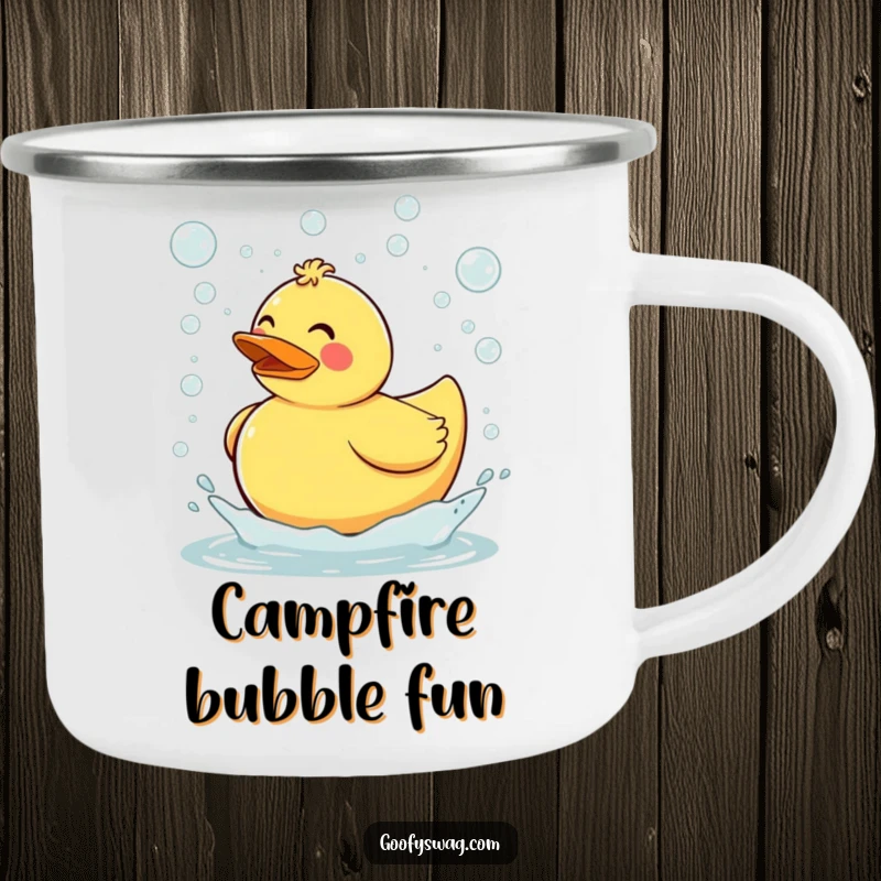 Funny clumsy rubber duck tripping and sending bubbles flying everywhere, a robust camping mug design ready for outdoor fun and cheerful, bubbly humor.