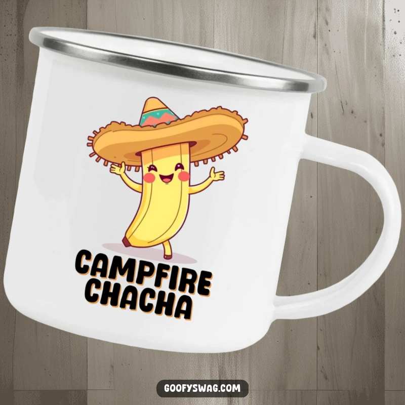 Funny camping mug featuring a banana peel in a sombrero doing the cha-cha, durable and charming for outdoor parties and humor.