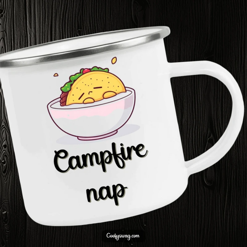 Funny Sleepy Taco Camping Mug: A sleepy taco floats in milk on this durable mug, perfect for serene outdoor mornings.