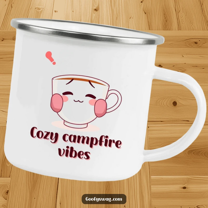 Funny camping mug showing a confused teacup wearing socks on its handles, perfect for enjoying drinks during outdoor escapades.