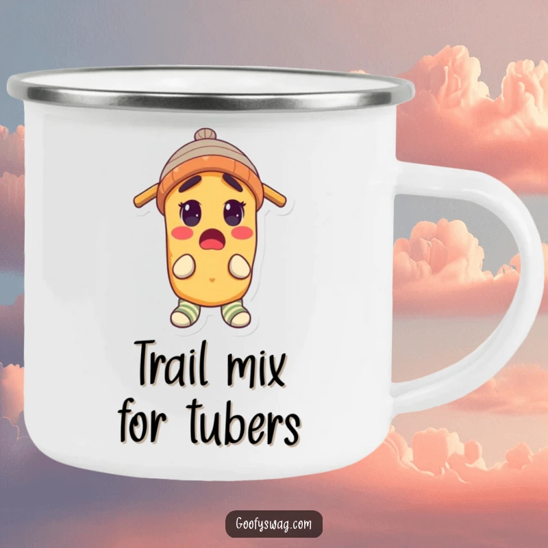 Funny Camping Mug showing a surprised potato character wearing a propeller beanie and mismatched socks, designed for outdoor fun.