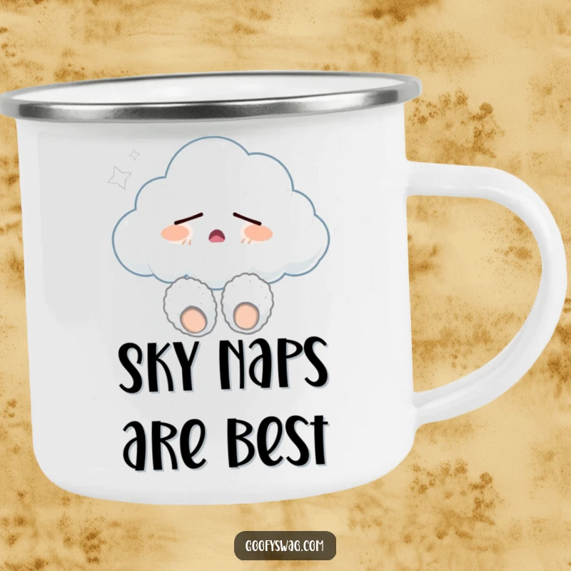 Funny sleepy cloud wearing fuzzy slippers and yawning, a sturdy camping mug perfect for outdoor relaxation and adding humor to your adventures.