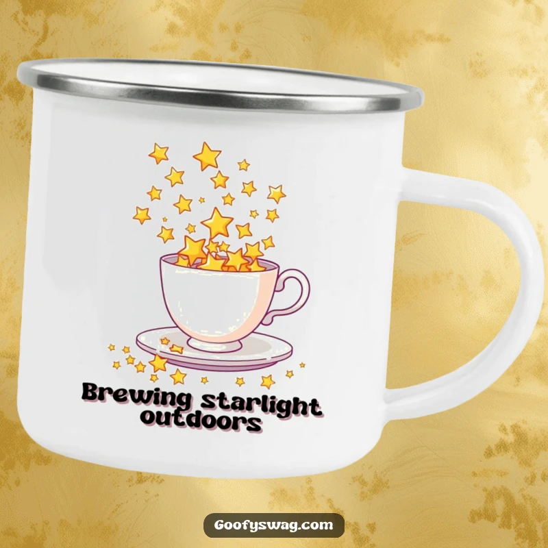 Funny Camping Mug showing a teacup spilling a dazzling shower of stars, designed for outdoor enthusiasts with a cosmic theme.