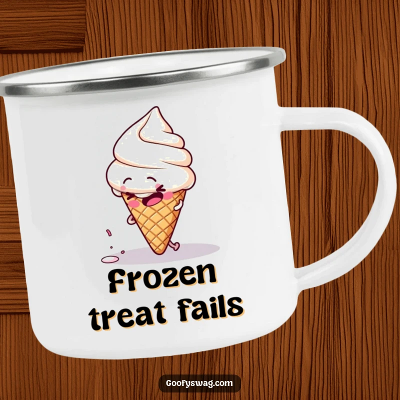 Funny clumsy ice cream cone character tripping over its own sprinkle, on a durable camping mug.