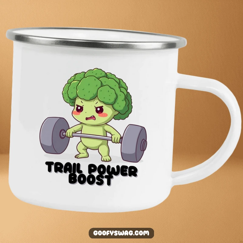 Funny camping mug featuring a determined broccoli floret lifting a heavy weight, perfect for staying strong on trails with a humorous twist.
