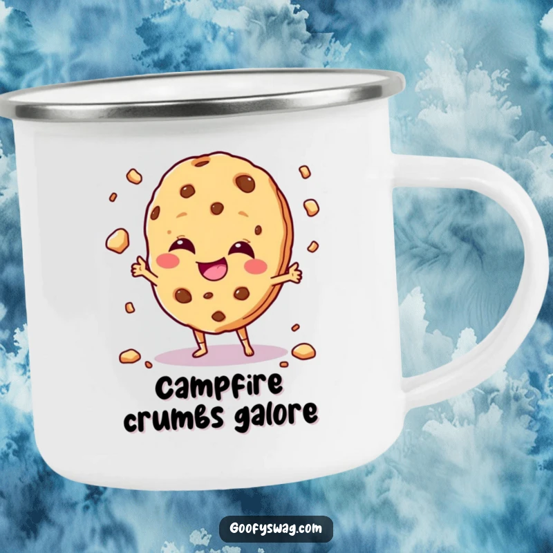 Funny giggling cookie character juggling crumbs with a mischievous grin, on a durable camping mug.