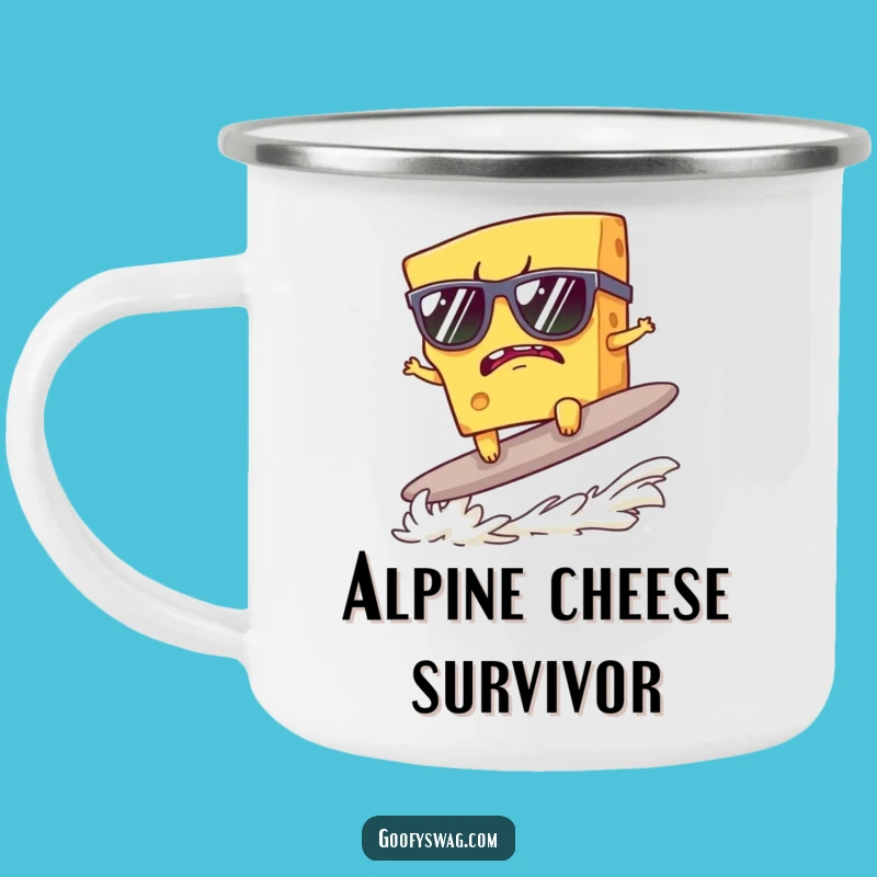 Funny Grumpy Cheese Surfer Camping Mug: Cool Sips with Sunglass Style