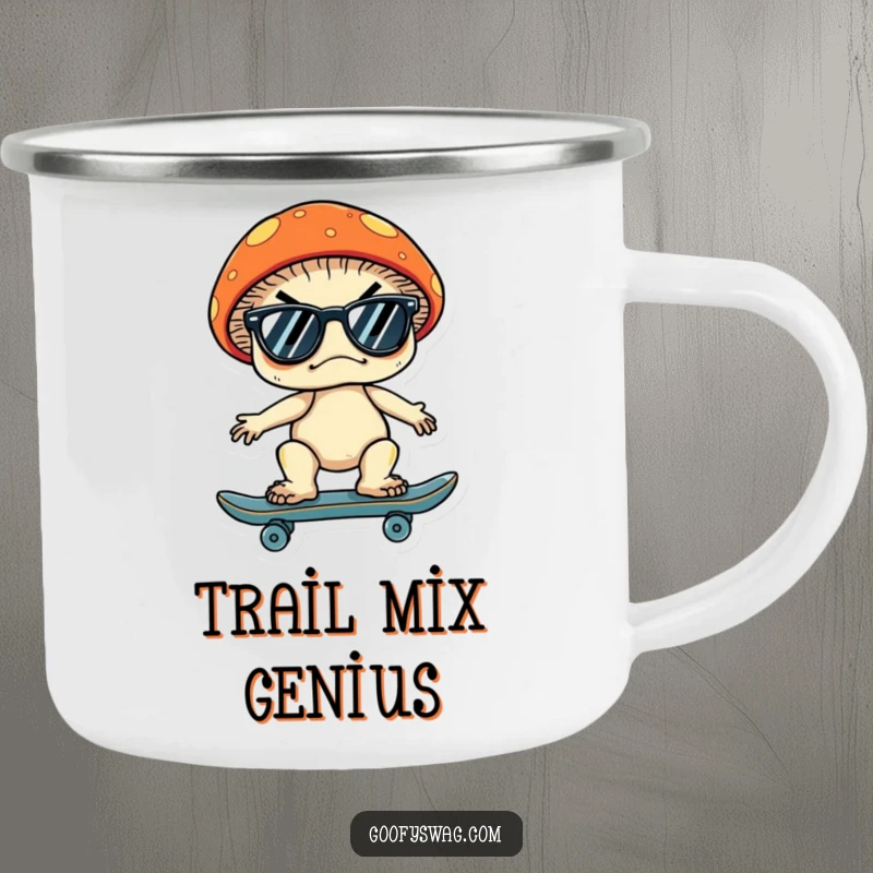 Funny camping mug featuring a grumpy mushroom with sunglasses on a skateboard, ready for adventures with a cool and humorous attitude.