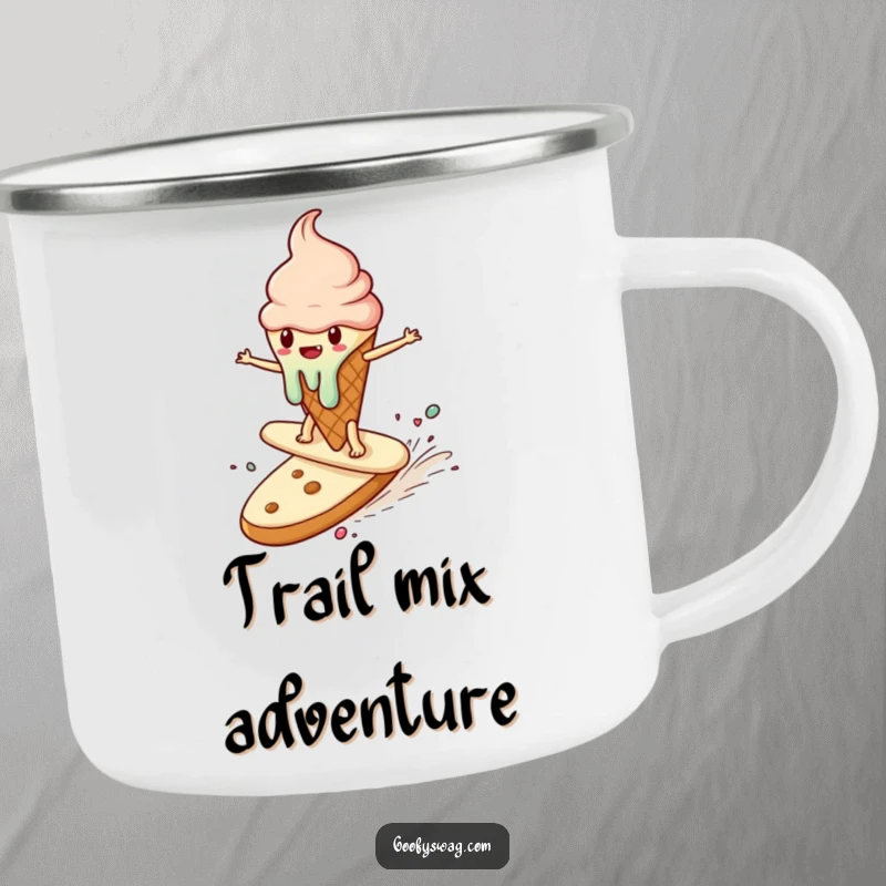 Funny camping mug showing a melting ice cream cone surfing a runaway cookie, perfect for enjoying drinks during outdoor adventures.