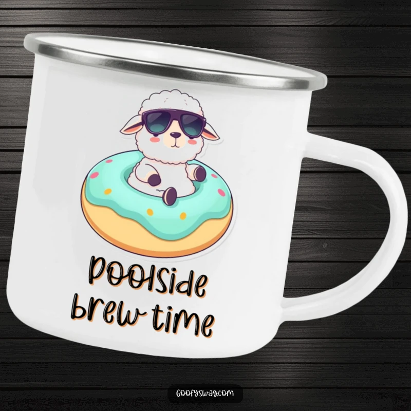 Funny camping mug featuring a fluffy sheep in sunglasses lounging on a giant donut float, perfect for enjoying drinks outdoors with humorous relaxation vibes.