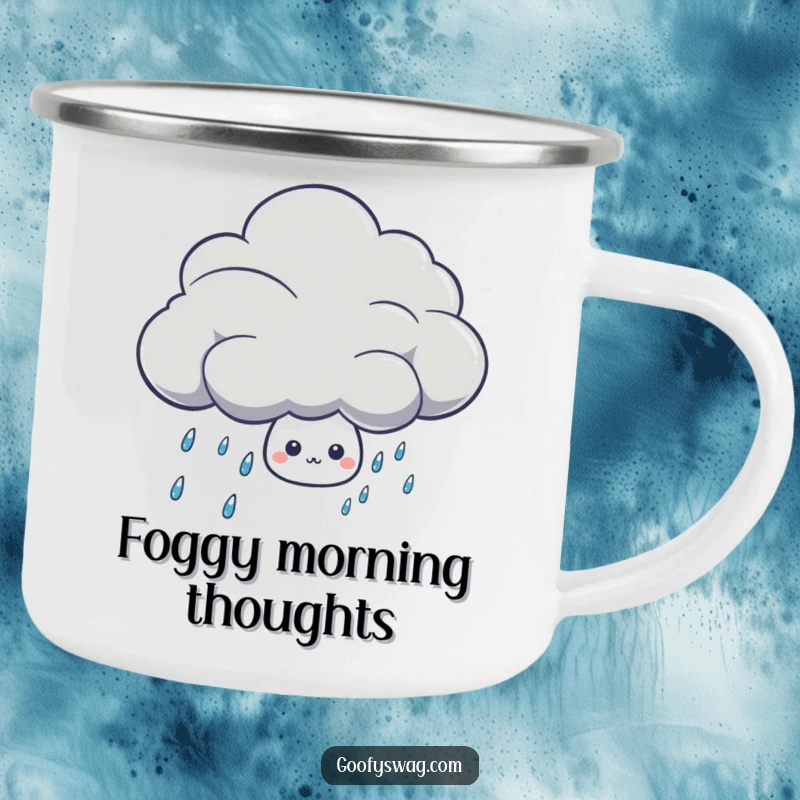 Funny shy rain drop character peeking from behind a cloud on a sturdy camping mug for outdoor use.