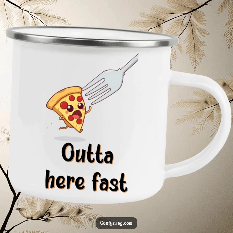 Funny camping mug illustrating a scared pizza slice depicted in a hasty retreat from a large fork, ready for outdoor fun.