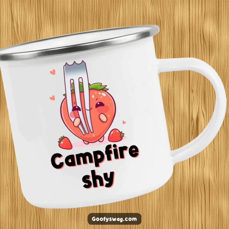 Funny Strawberry Fork Camping Mug: A blushing strawberry hides behind a giant fork on this durable mug for outdoor fun.