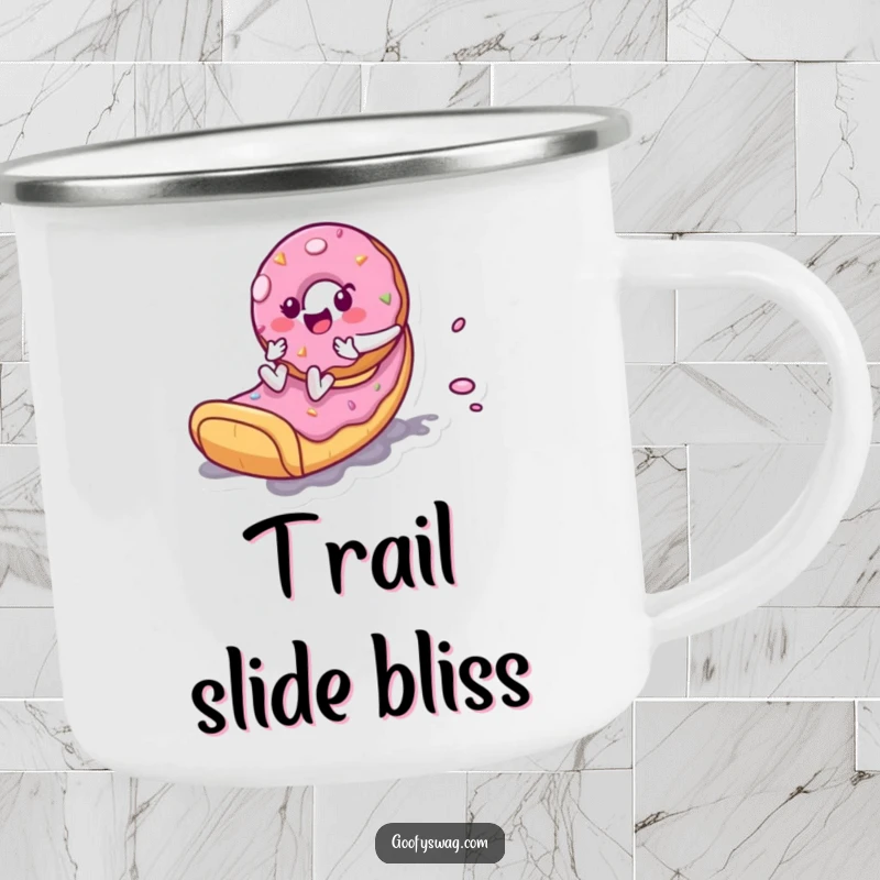 Funny Donut Slide Camping Mug: A playful donut character slides down a frosting slide on this durable mug for outdoor fun.