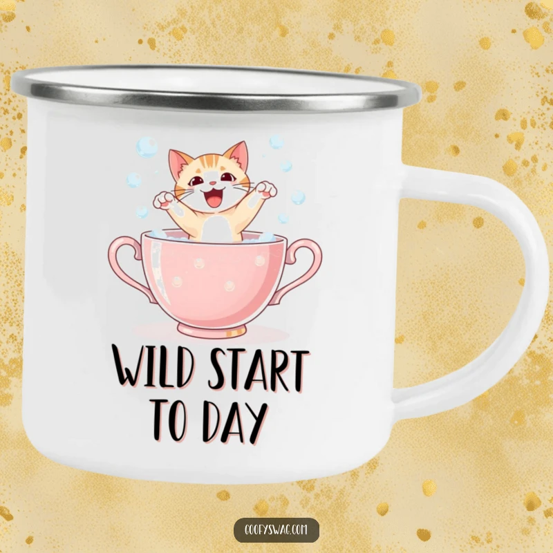 Funny cat leaping startled from a giant bubbly teacup, a sturdy and humorous camping mug for outdoor enthusiasts.