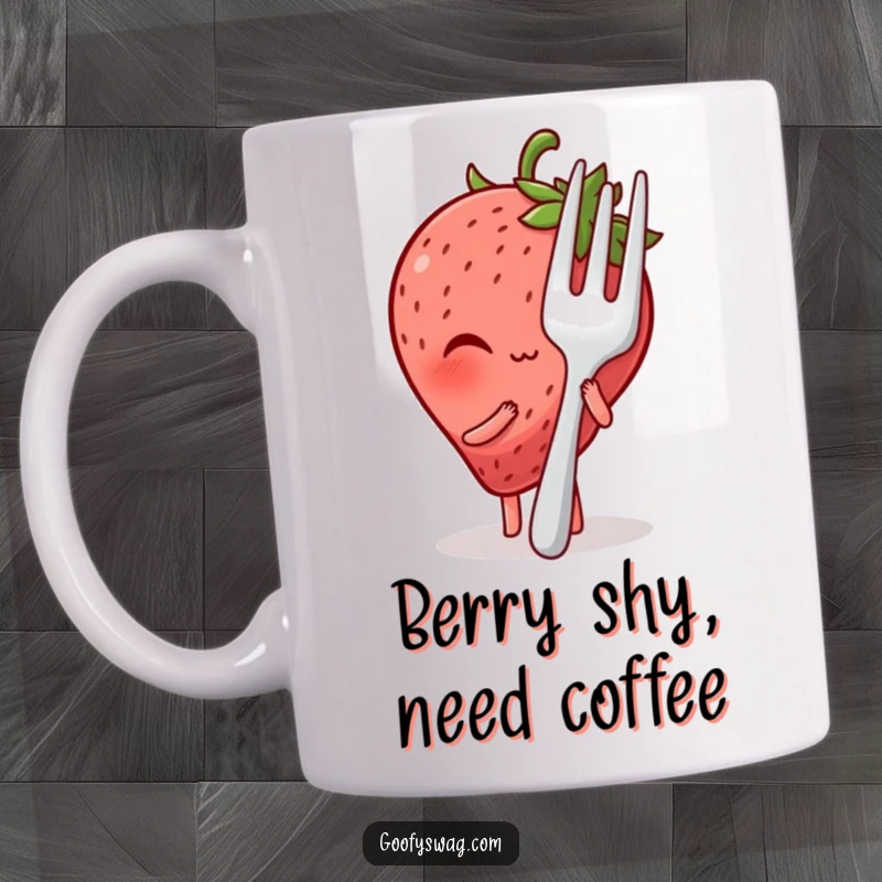 Funny strawberry mug character blushing and shyly hiding behind an oversized fork, conveying adorable and humorous shyness.