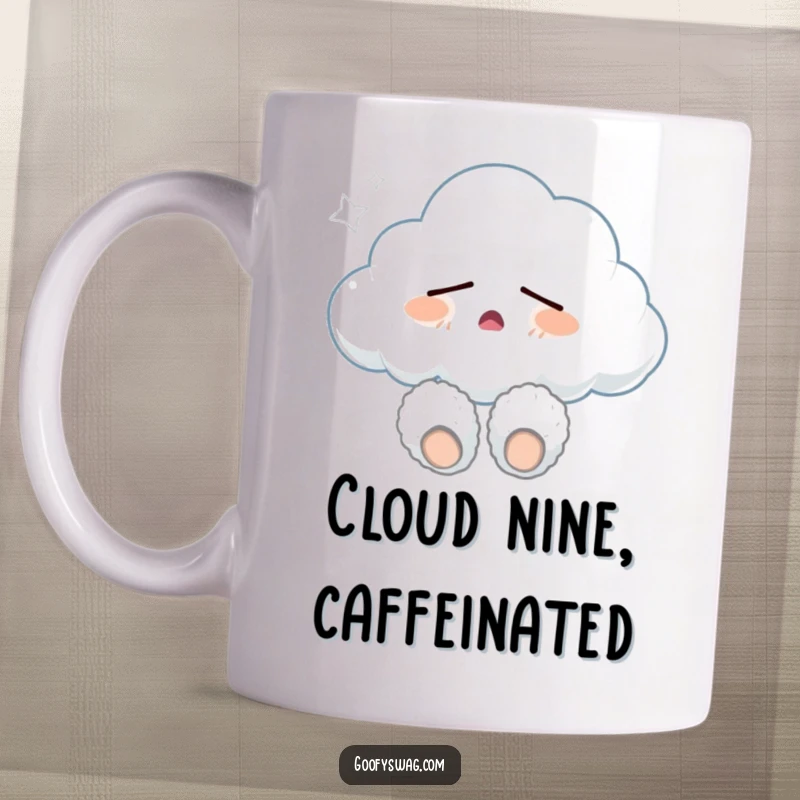 Funny sleepy cloud wearing fuzzy slippers and yawning, a charming and humorous mug design for ultimate relaxation and cozy mornings.