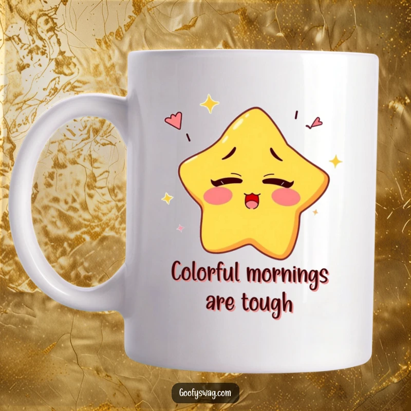 Funny sleepy star character yawning colorful rainbows while trying to blink, on a humorous mug.