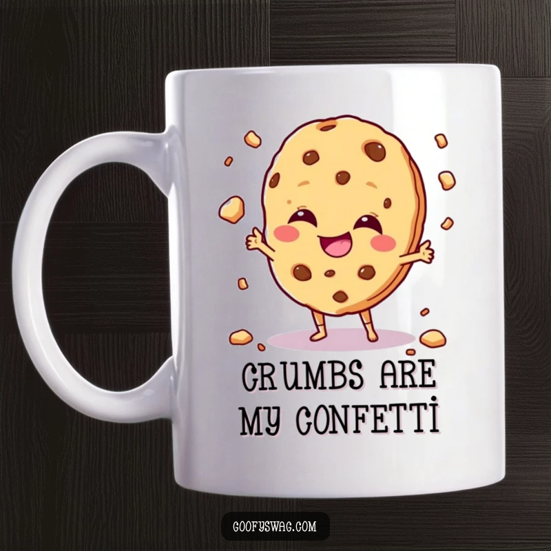 Funny giggling cookie character juggling crumbs with a mischievous grin on a humorous mug.